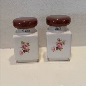Vintage Pink Rose Floral Ceramic Coffee/Cafe and Sugar/Azucar Canisters with Lid